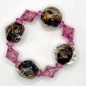 Unique Art Glass Large Beads Bracelet - Faceted Acrylic Pink Beads, Brown Yellow